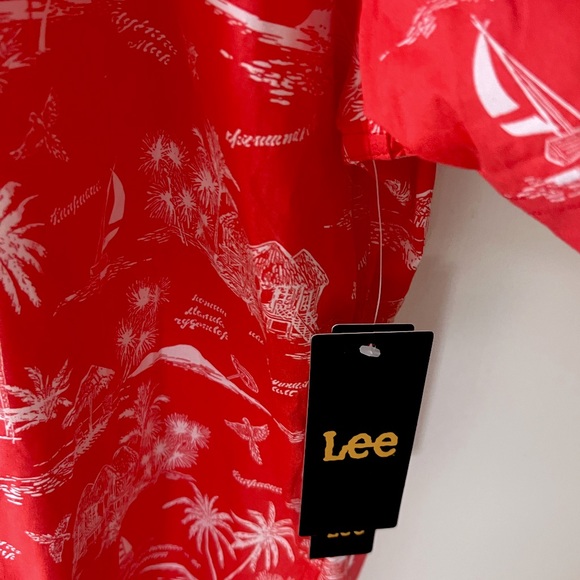 NWT Lee Coral Short Sleeve button up Shirt palm trees boats Hawaiian Men’s XL - Picture 5 of 9